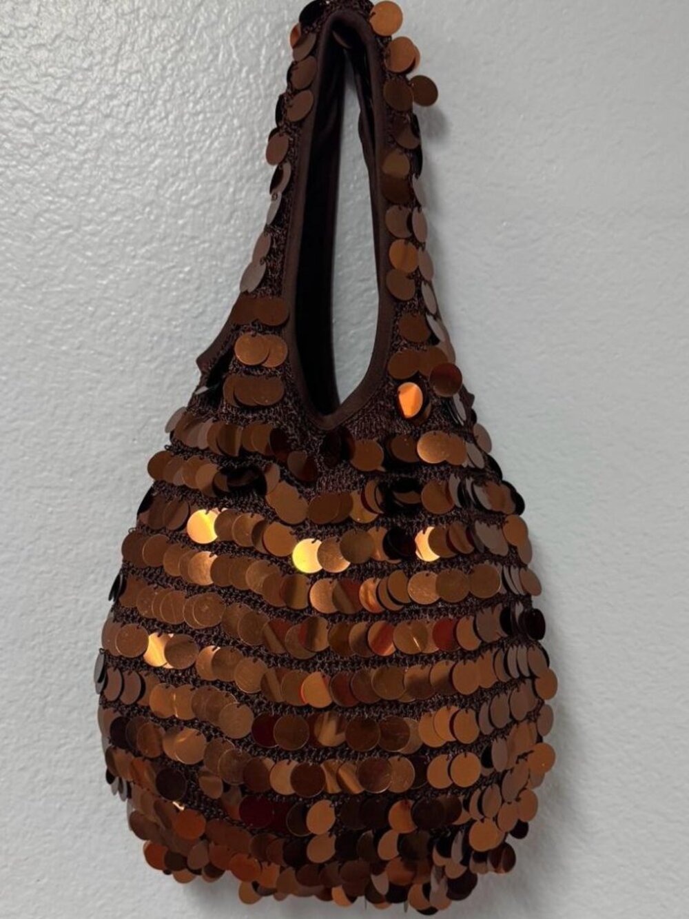 Sequin Crochet Purse, Brown Metallic Yarn Shoulder Bag, Boho Evening Accessory